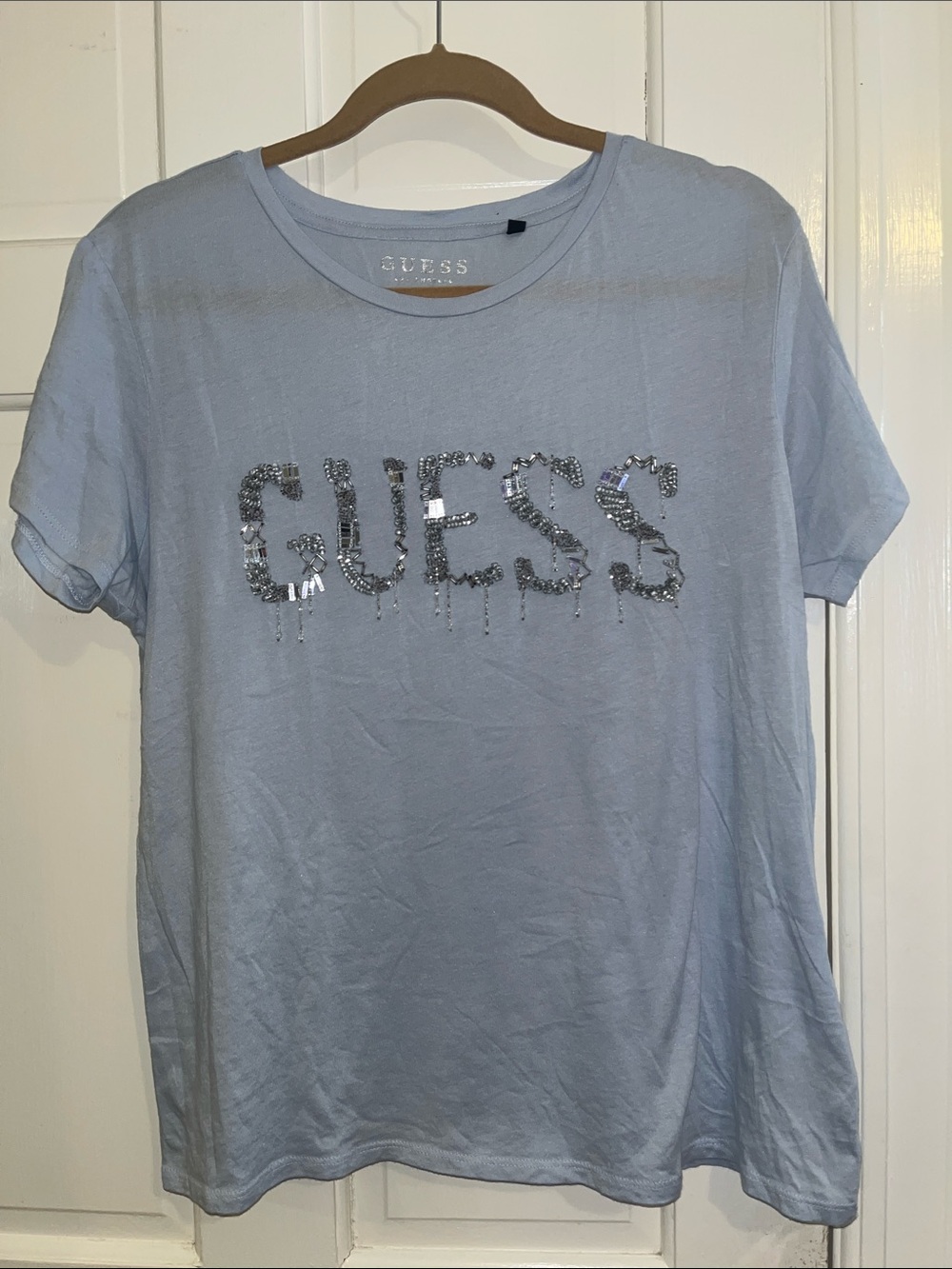 Guess Crystal Beaded Embellished Logo T-Shirt Light Blue Helium Size Large